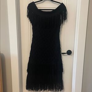 Jonathan Simkhai Off the Shoulder Black Fringe Dress